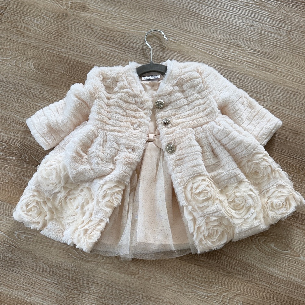 Blueberri Blvd 12MTH cream embellished fur coat with matching dress